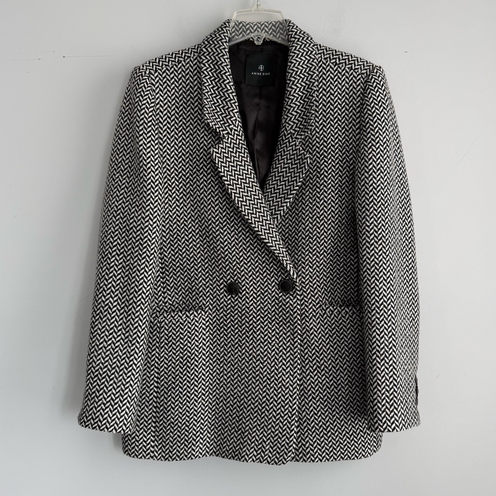 Anine Bing Fishbone Herringbone Blazer L Oversized Wool Blend Double Breasted - Picture 5 of 16
